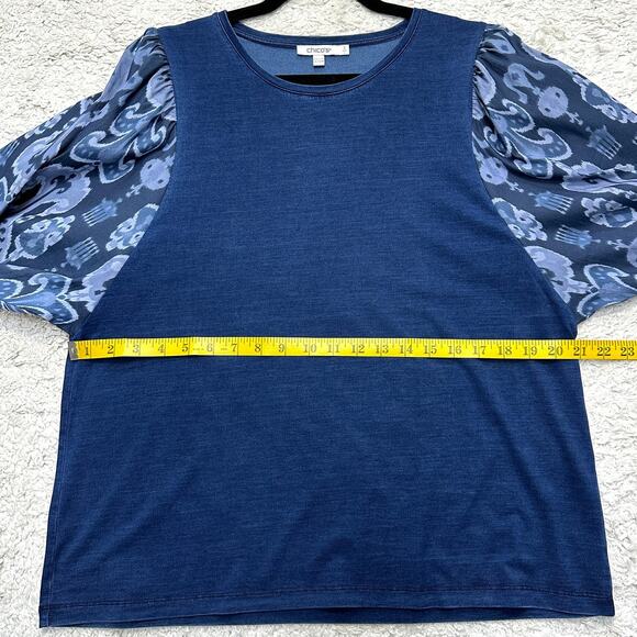 Chico's Indigo Ikat Print Puff Sleeve Top Artsy Scoop Neck Soft Shirt Sz: 2(L) - Picture 5 of 7